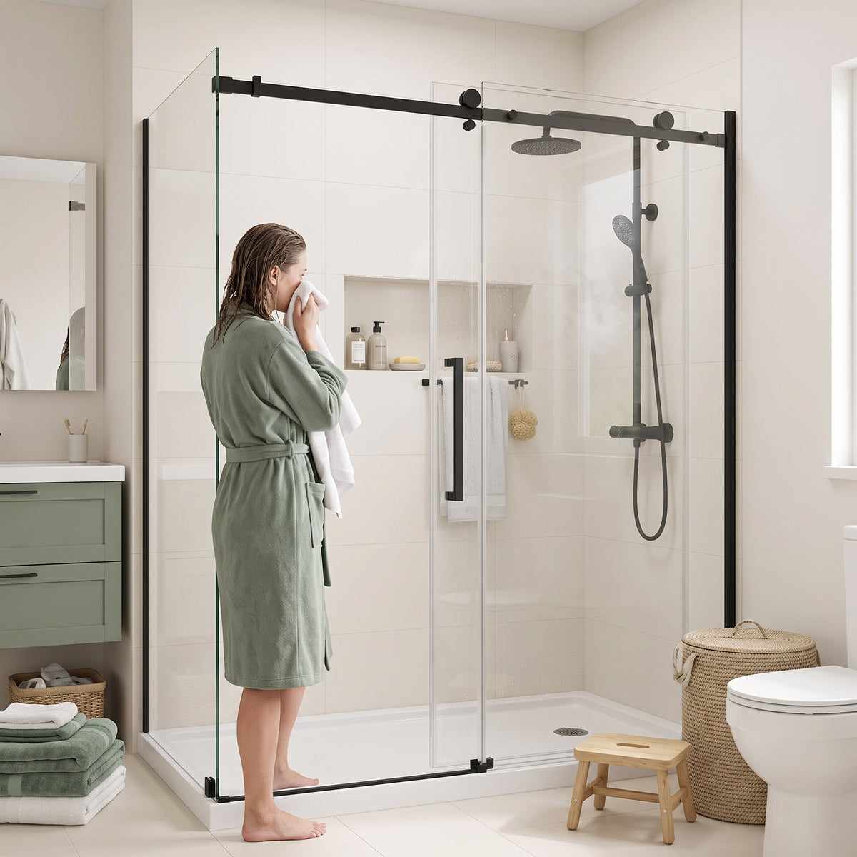 Porte de douche coulissante en coin réversible 60po x 36po x 75po en noir mat avec quincaillerie carrée