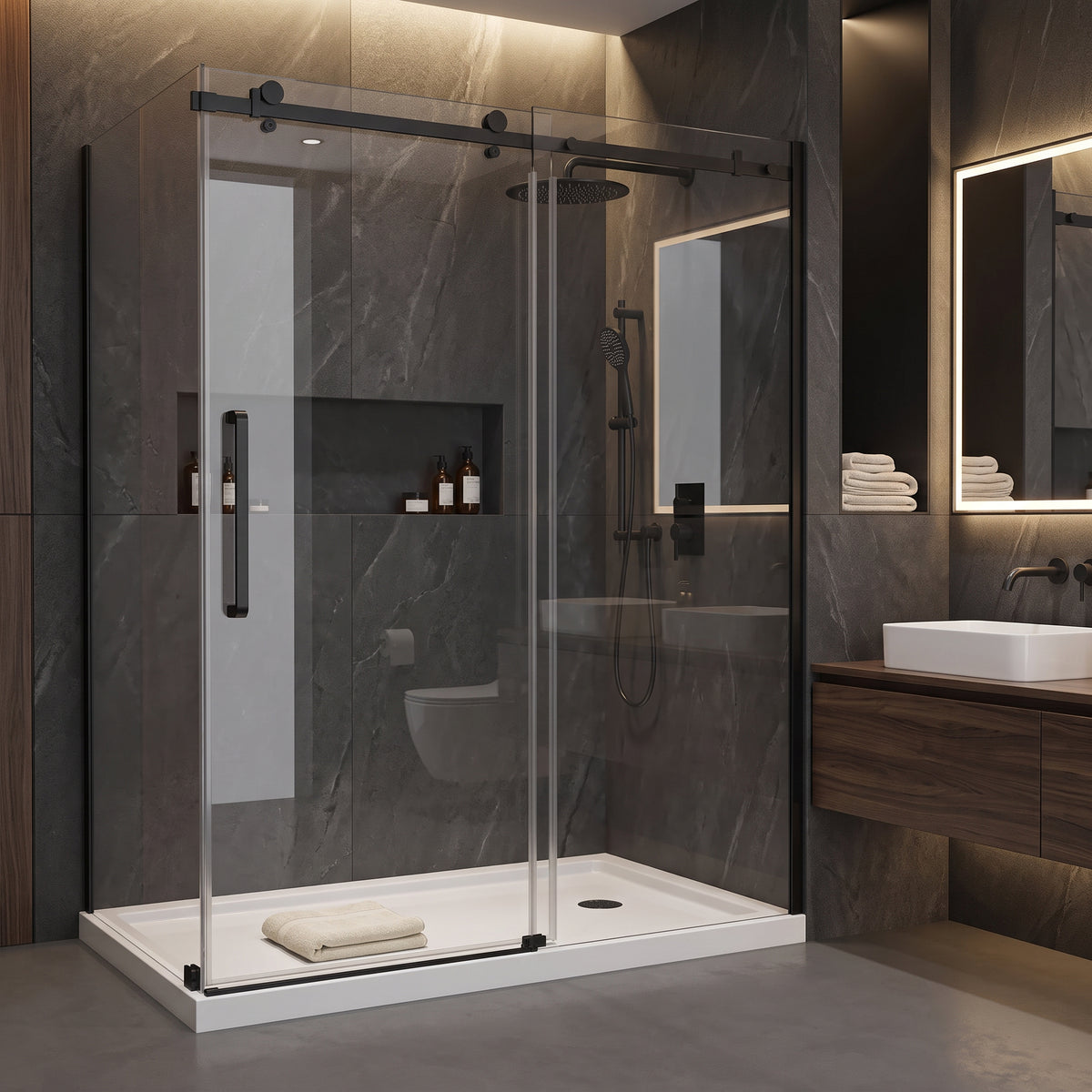 Porte de douche coulissante en coin réversible 60po x 36po x 75po en noir mat avec quincaillerie carrée