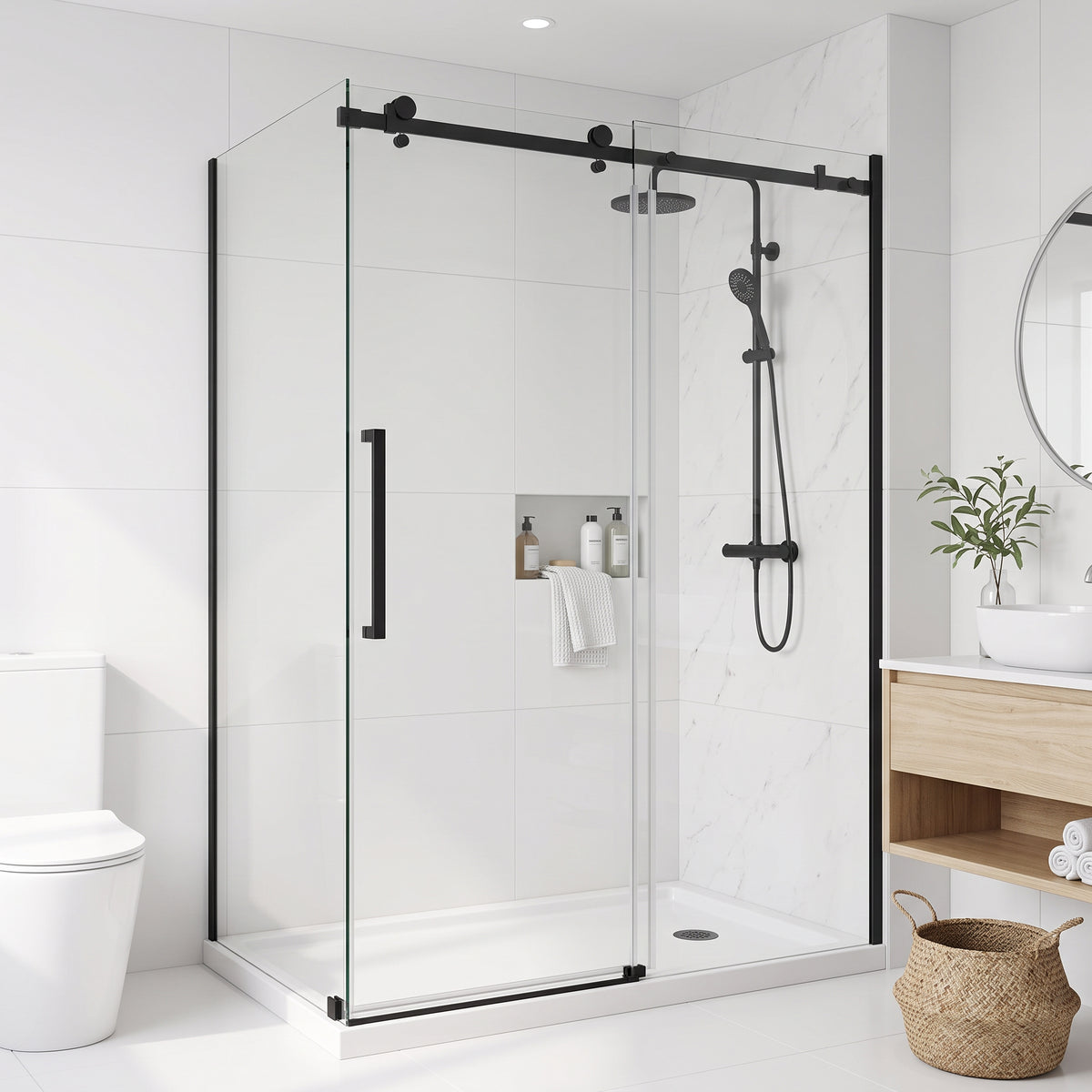 Porte de douche coulissante en coin réversible 60po x 36po x 75po en noir mat avec quincaillerie carrée