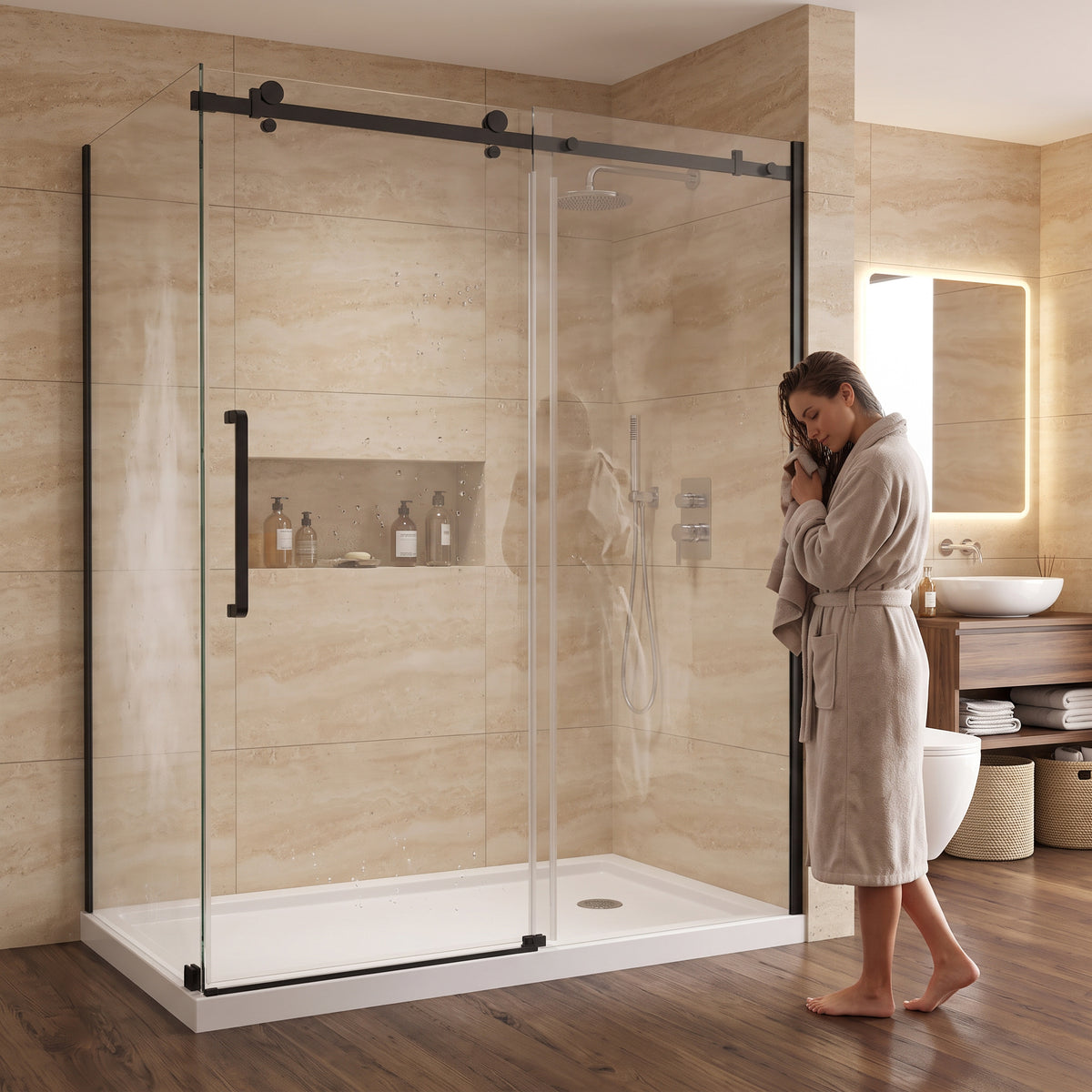Porte de douche coulissante en coin réversible 60po x 36po x 75po en noir mat avec quincaillerie carrée