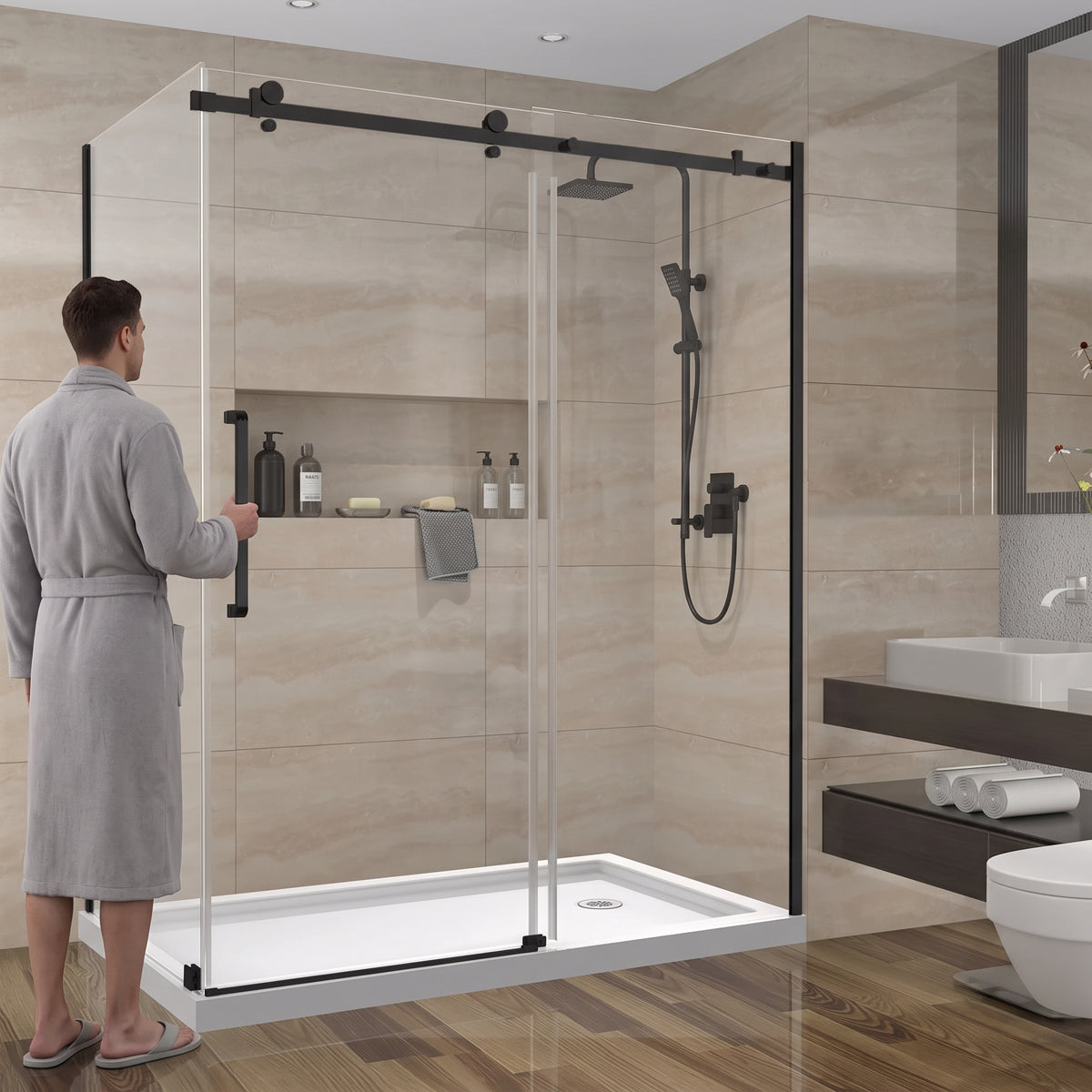 Porte de douche coulissante en coin réversible 60po x 36po x 75po en noir mat avec quincaillerie carrée
