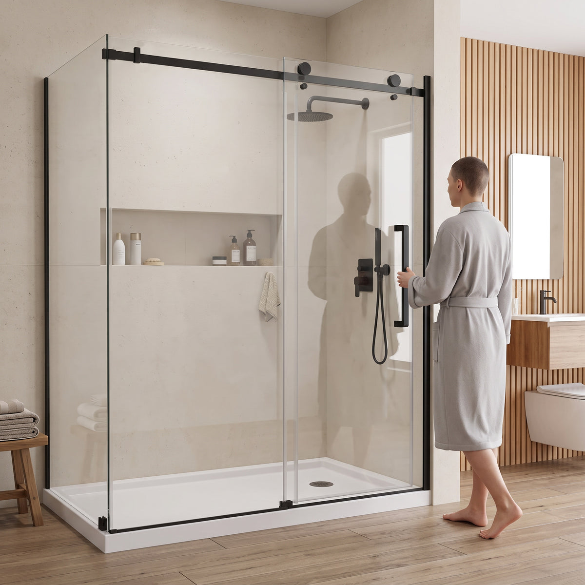 Porte de douche coulissante en coin réversible 60po x 36po x 75po en noir mat avec quincaillerie carrée