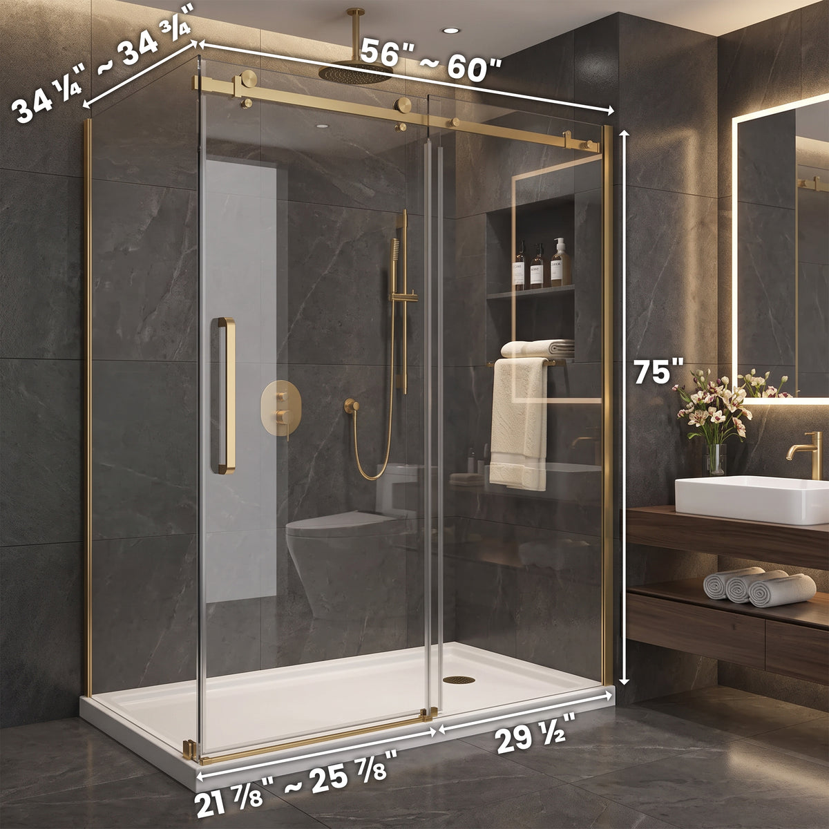 Porte de douche coulissante en coin réversible 60po x 36po x 75po en or brossé avec verre trempé 10mm