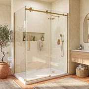 Porte de douche coulissante en coin réversible 60po x 36po x 75po en or brossé avec verre trempé 10mm