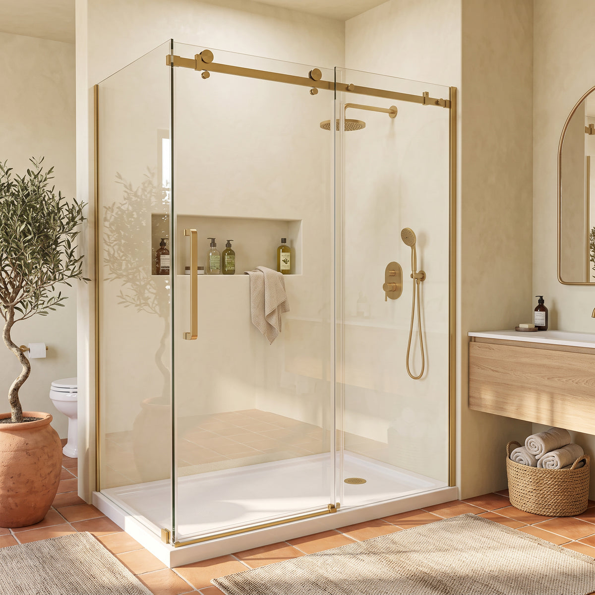 Porte de douche coulissante en coin réversible 60po x 36po x 75po en or brossé avec verre trempé 10mm