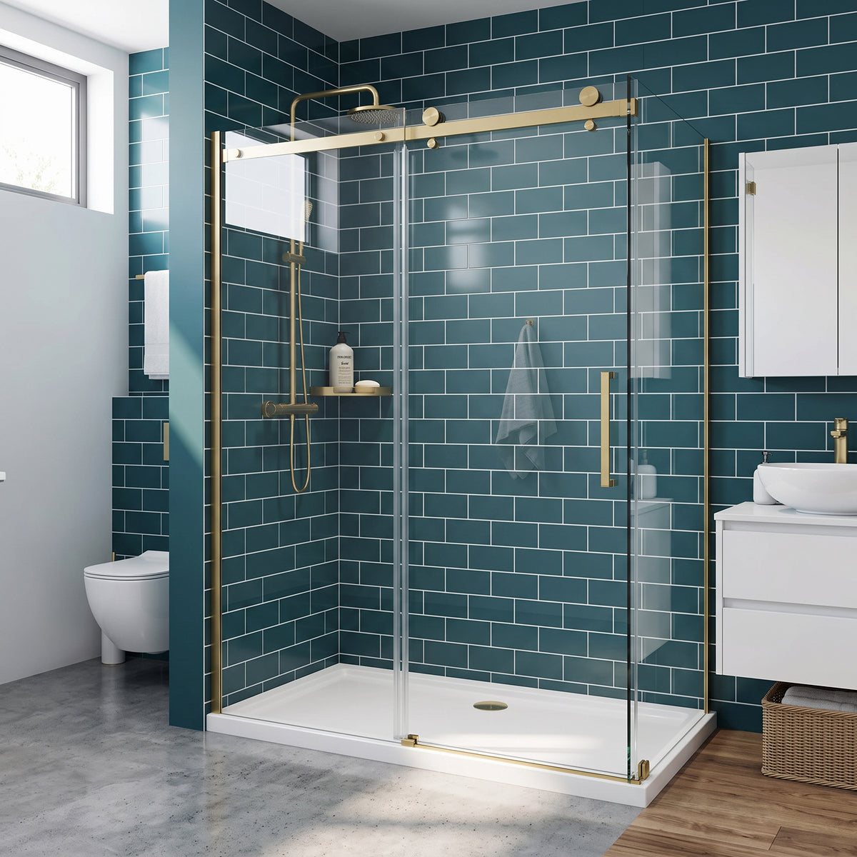 Porte de douche coulissante en coin réversible 60po x 36po x 75po en or brossé avec verre trempé 10mm
