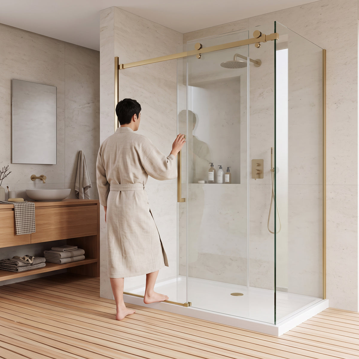 Porte de douche coulissante en coin réversible 60po x 36po x 75po en or brossé avec verre trempé 10mm