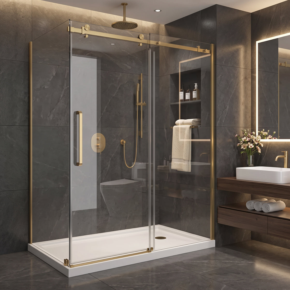 Porte de douche coulissante en coin réversible 60po x 36po x 75po en or brossé avec verre trempé 10mm