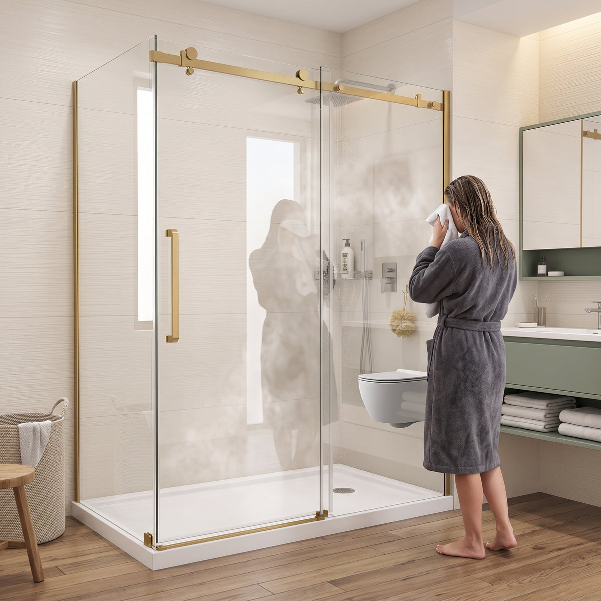 Porte de douche coulissante en coin réversible 60po x 36po x 75po en or brossé avec verre trempé 10mm