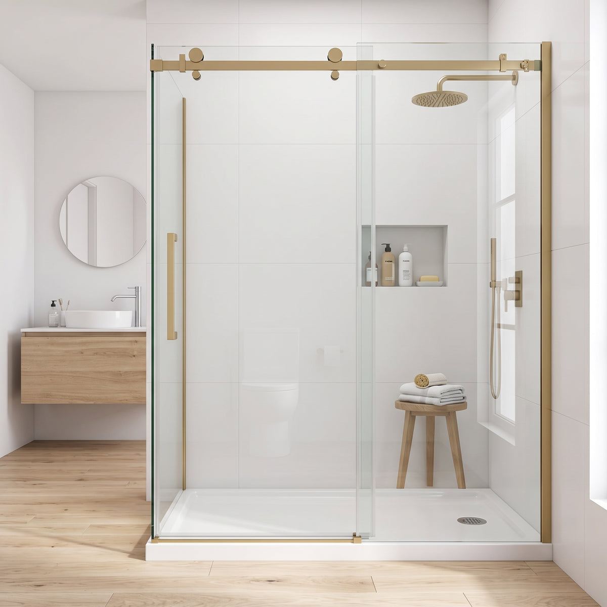 Porte de douche coulissante en coin réversible 60po x 36po x 75po en or brossé avec verre trempé 10mm