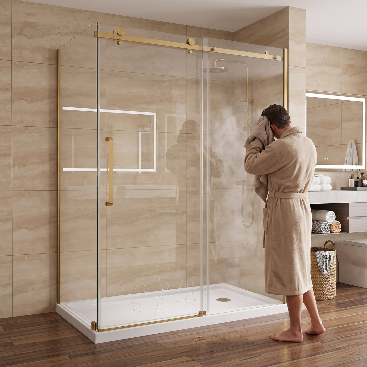 Porte de douche coulissante en coin réversible 60po x 36po x 75po en or brossé avec verre trempé 10mm
