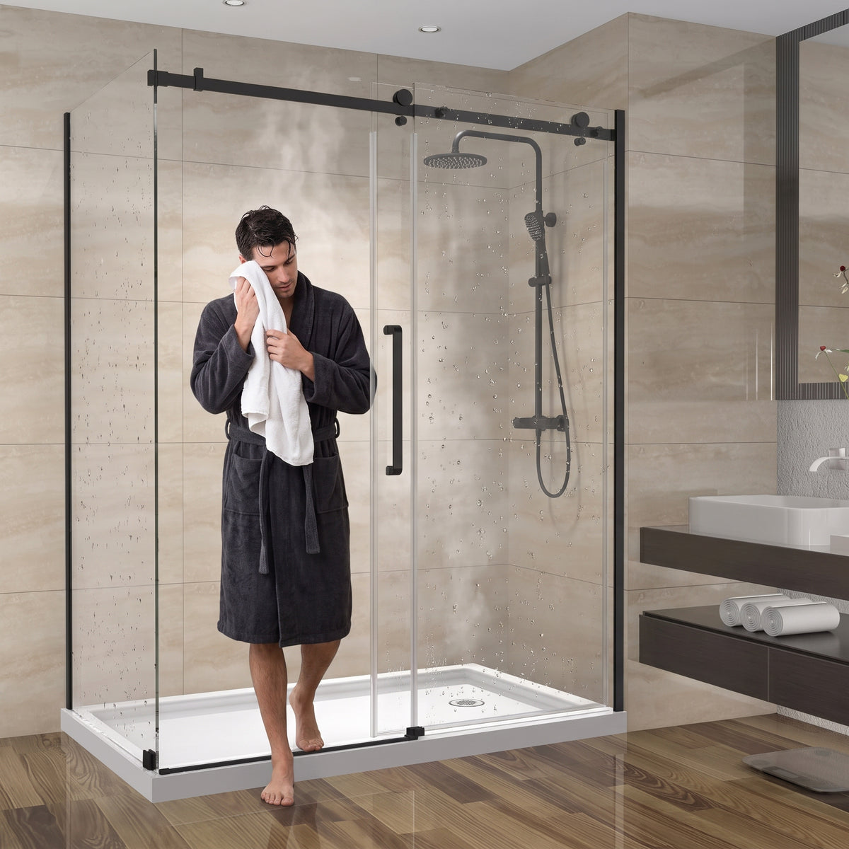 Porte de douche coulissante en coin réversible 60po x 32po x 75po en noir mat avec quincaillerie carrée