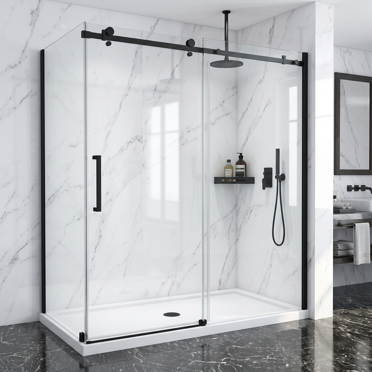Porte de douche coulissante en coin réversible 60po x 32po x 75po en noir mat avec quincaillerie carrée