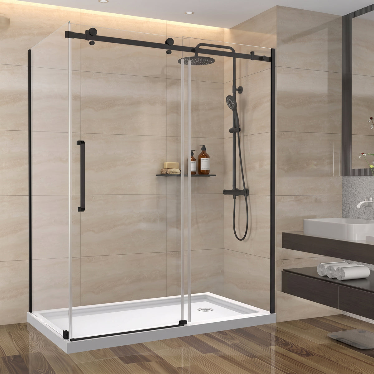 Porte de douche coulissante en coin réversible 60po x 32po x 75po en noir mat avec quincaillerie carrée