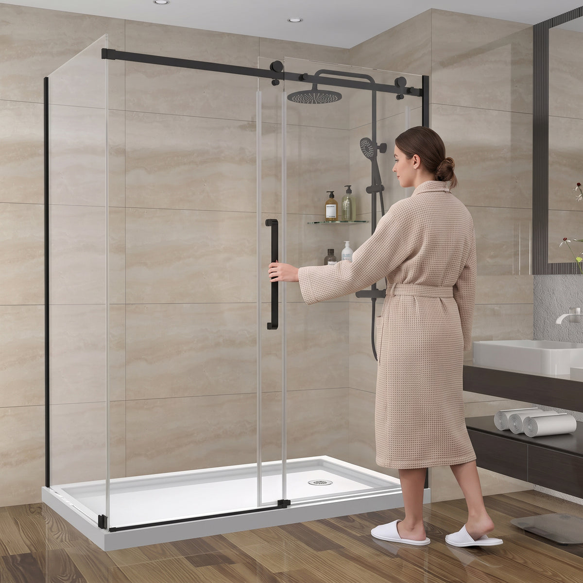 Porte de douche coulissante en coin réversible 60po x 32po x 75po en noir mat avec quincaillerie carrée