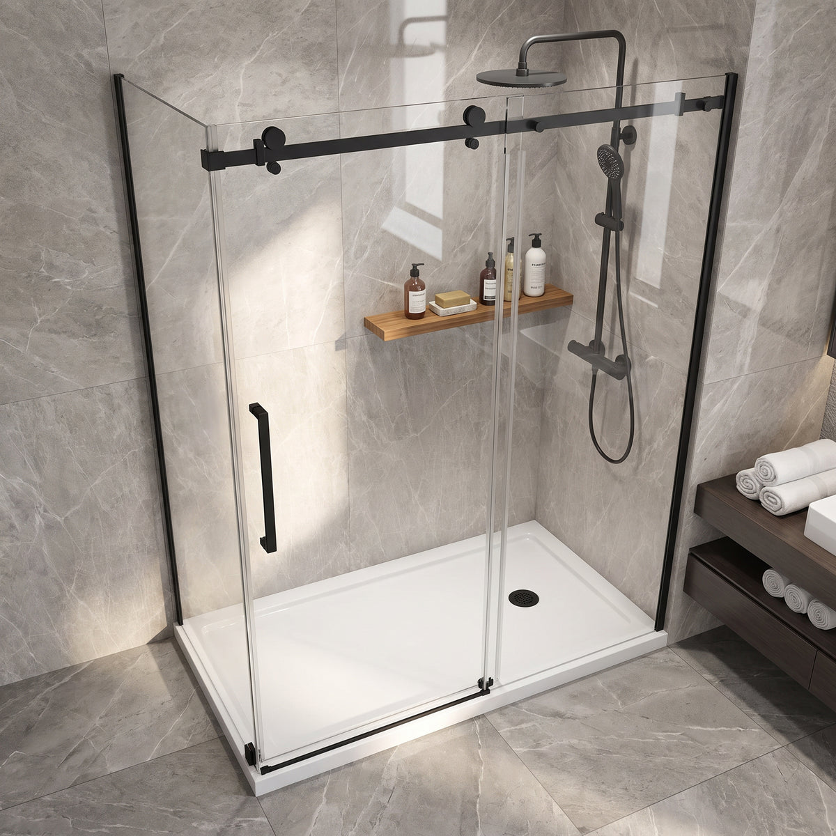 Porte de douche coulissante en coin réversible 60po x 32po x 75po en noir mat avec quincaillerie carrée