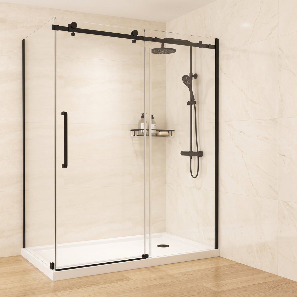 Porte de douche coulissante en coin réversible 60po x 32po x 75po en noir mat avec quincaillerie carrée