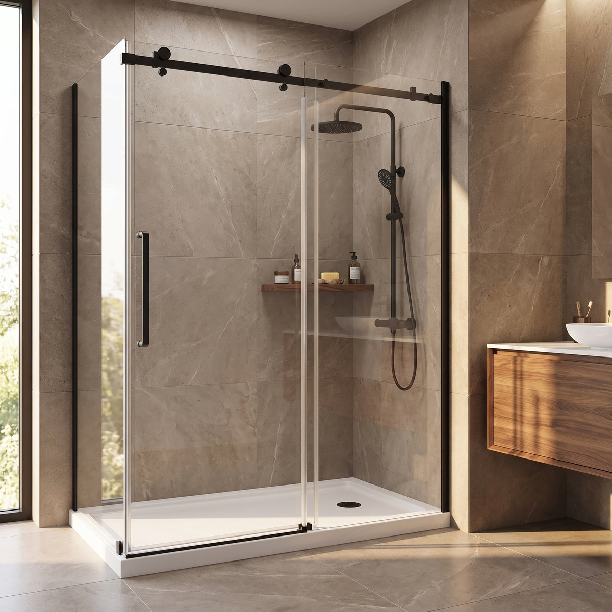 Porte de douche coulissante en coin réversible 60po x 32po x 75po en noir mat avec quincaillerie carrée
