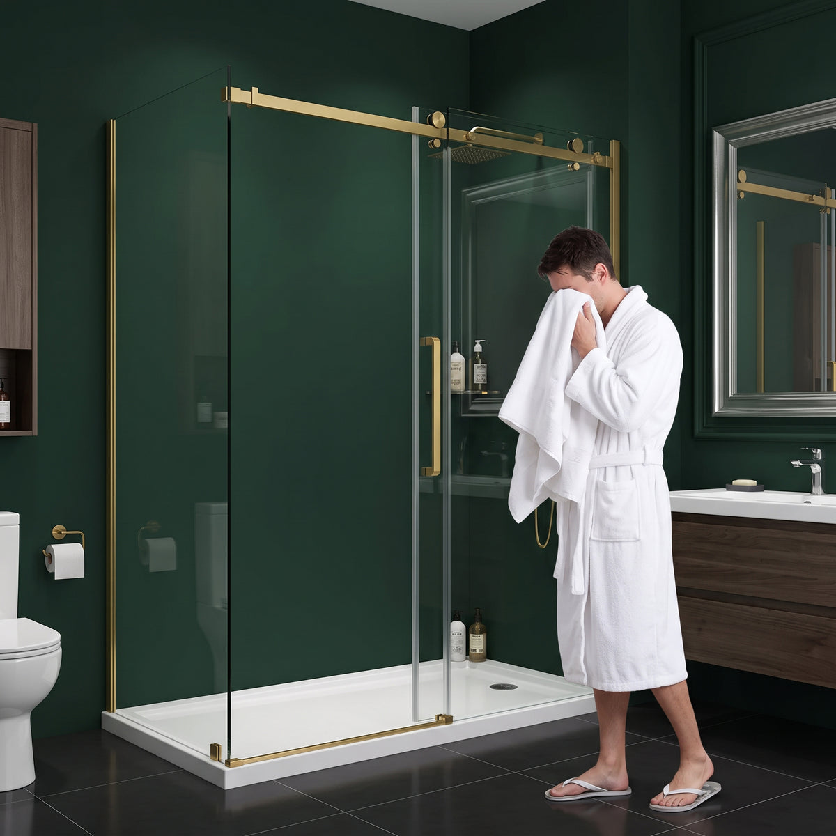 Porte de douche coulissante en coin réversible 60po x 32po x 75po en or brossé avec verre trempé 10mm