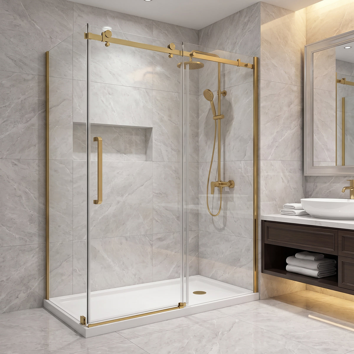 Porte de douche coulissante en coin réversible 60po x 32po x 75po en or brossé avec verre trempé 10mm