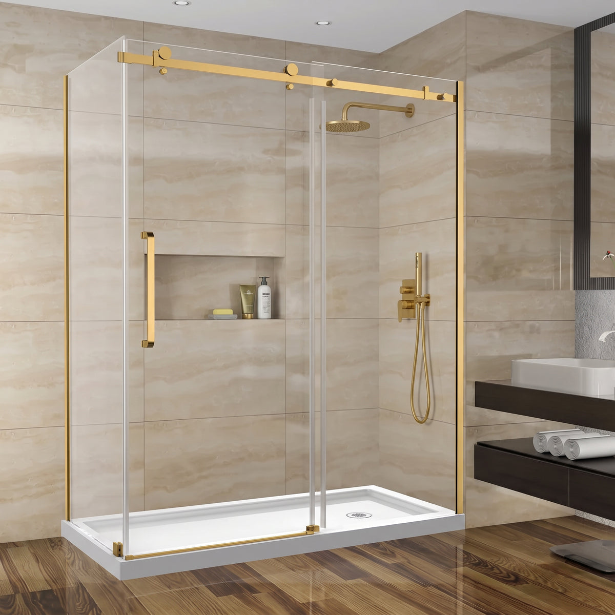 Porte de douche coulissante en coin réversible 60po x 32po x 75po en or brossé avec verre trempé 10mm