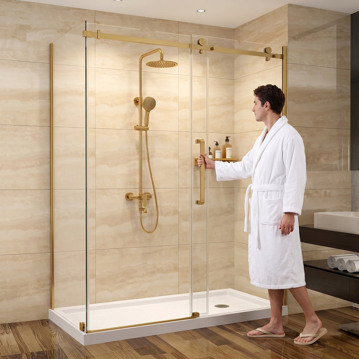 Porte de douche coulissante en coin réversible 60po x 32po x 75po en or brossé avec verre trempé 10mm