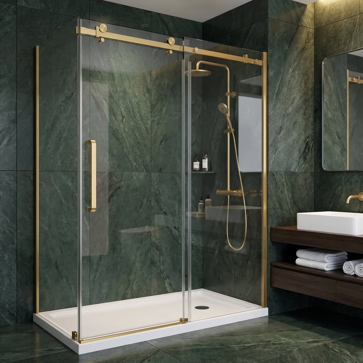 Porte de douche coulissante en coin réversible 60po x 32po x 75po en or brossé avec verre trempé 10mm