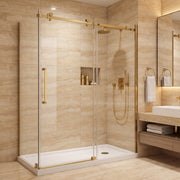 Porte de douche coulissante en coin réversible 60po x 32po x 75po en or brossé avec verre trempé 10mm
