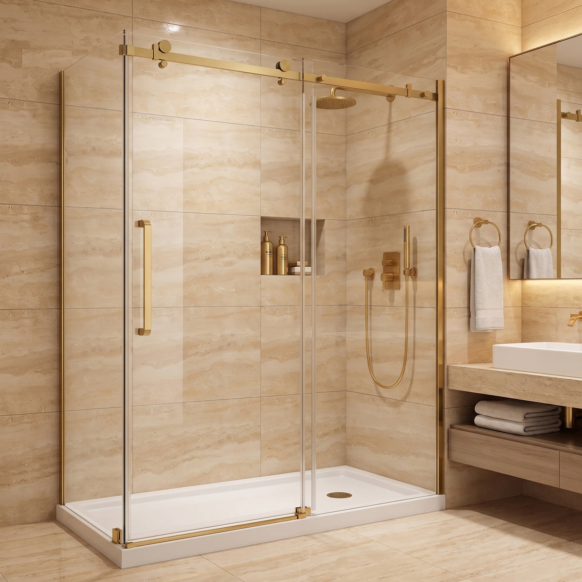 Porte de douche coulissante en coin réversible 60po x 32po x 75po en or brossé avec verre trempé 10mm