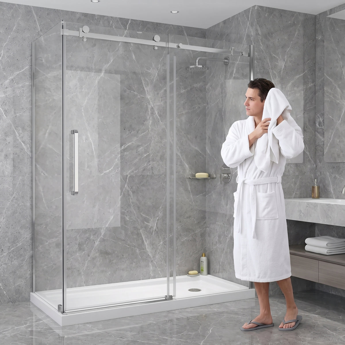 Porte de douche coulissante en coin réversible 60po x 32po x 75po en chrome avec quincaillerie carrée