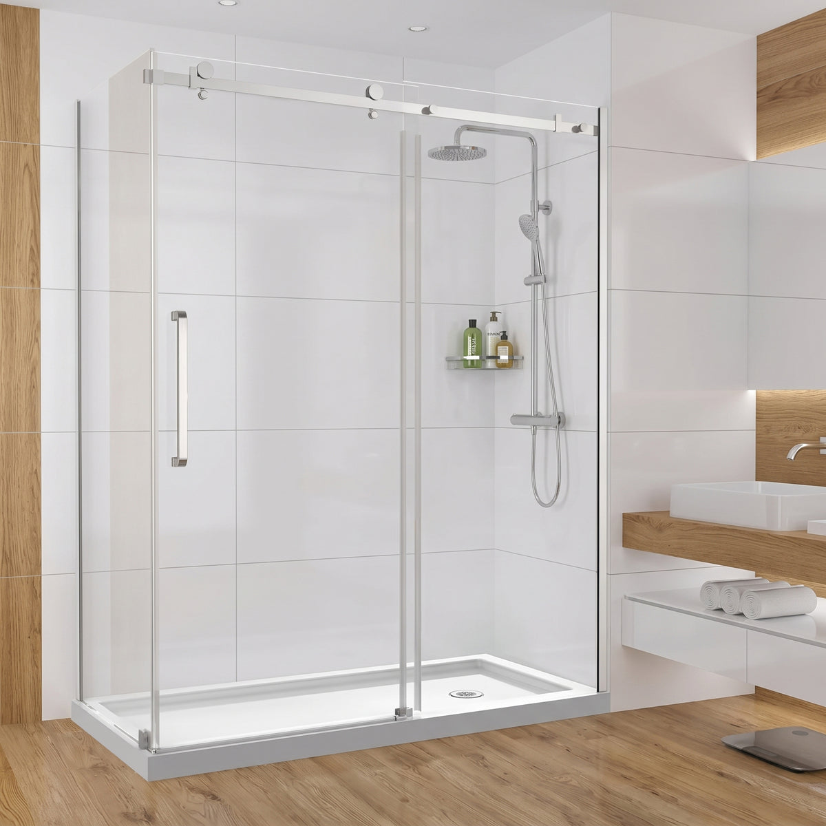 Porte de douche coulissante en coin réversible 60po x 32po x 75po en chrome avec quincaillerie carrée