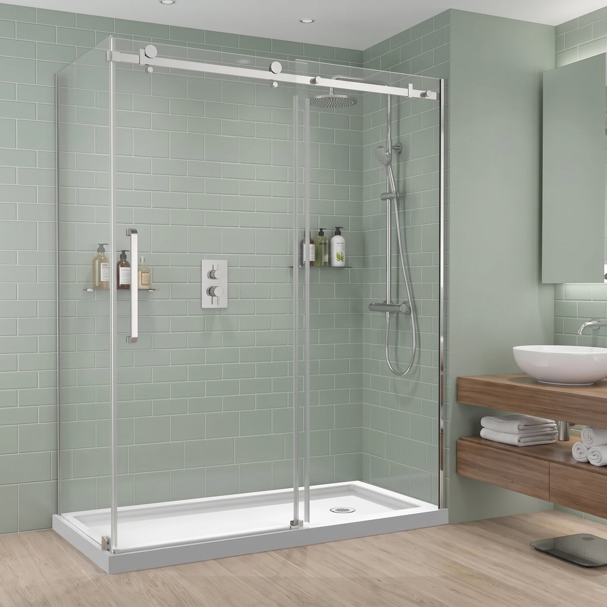 Porte de douche coulissante en coin réversible 60po x 32po x 75po en chrome avec quincaillerie carrée