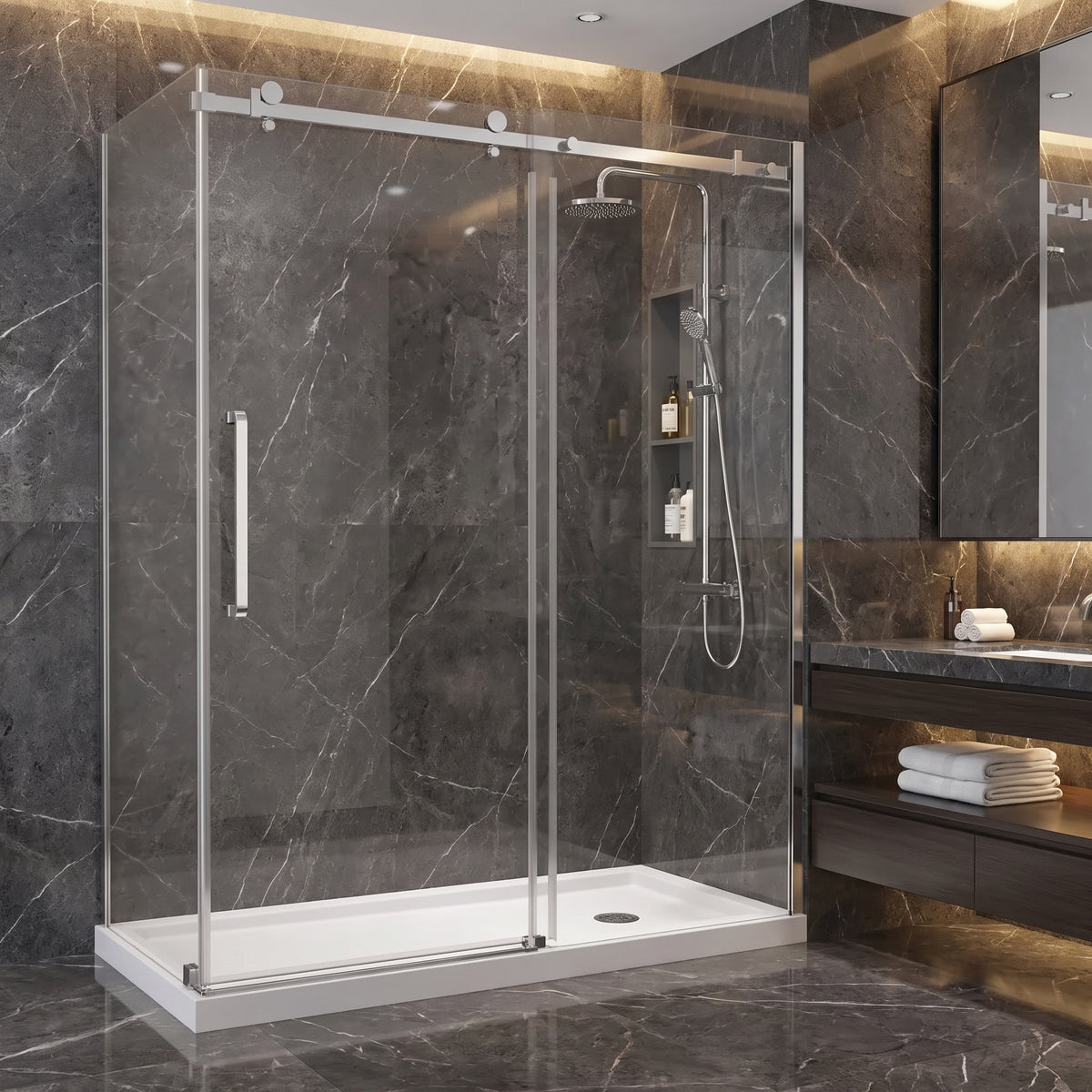 Porte de douche coulissante en coin réversible 60po x 32po x 75po en chrome avec quincaillerie carrée