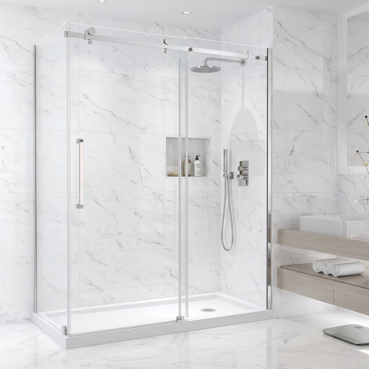 Porte de douche coulissante en coin réversible 60po x 32po x 75po en chrome avec quincaillerie carrée