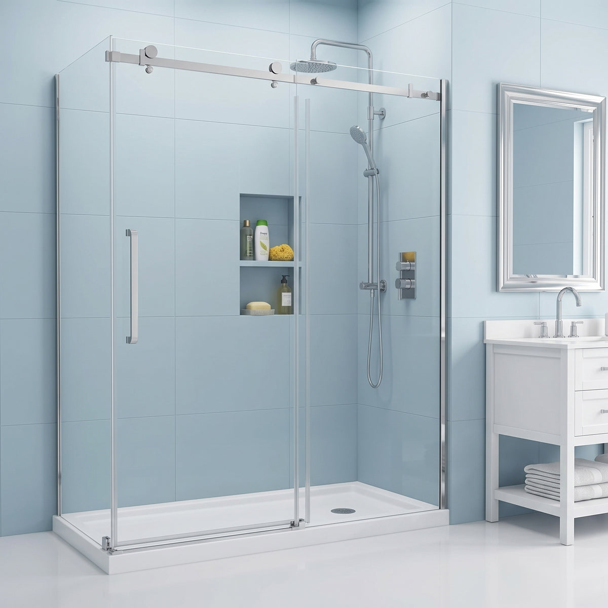 Porte de douche coulissante en coin réversible 60po x 32po x 75po en chrome avec quincaillerie carrée