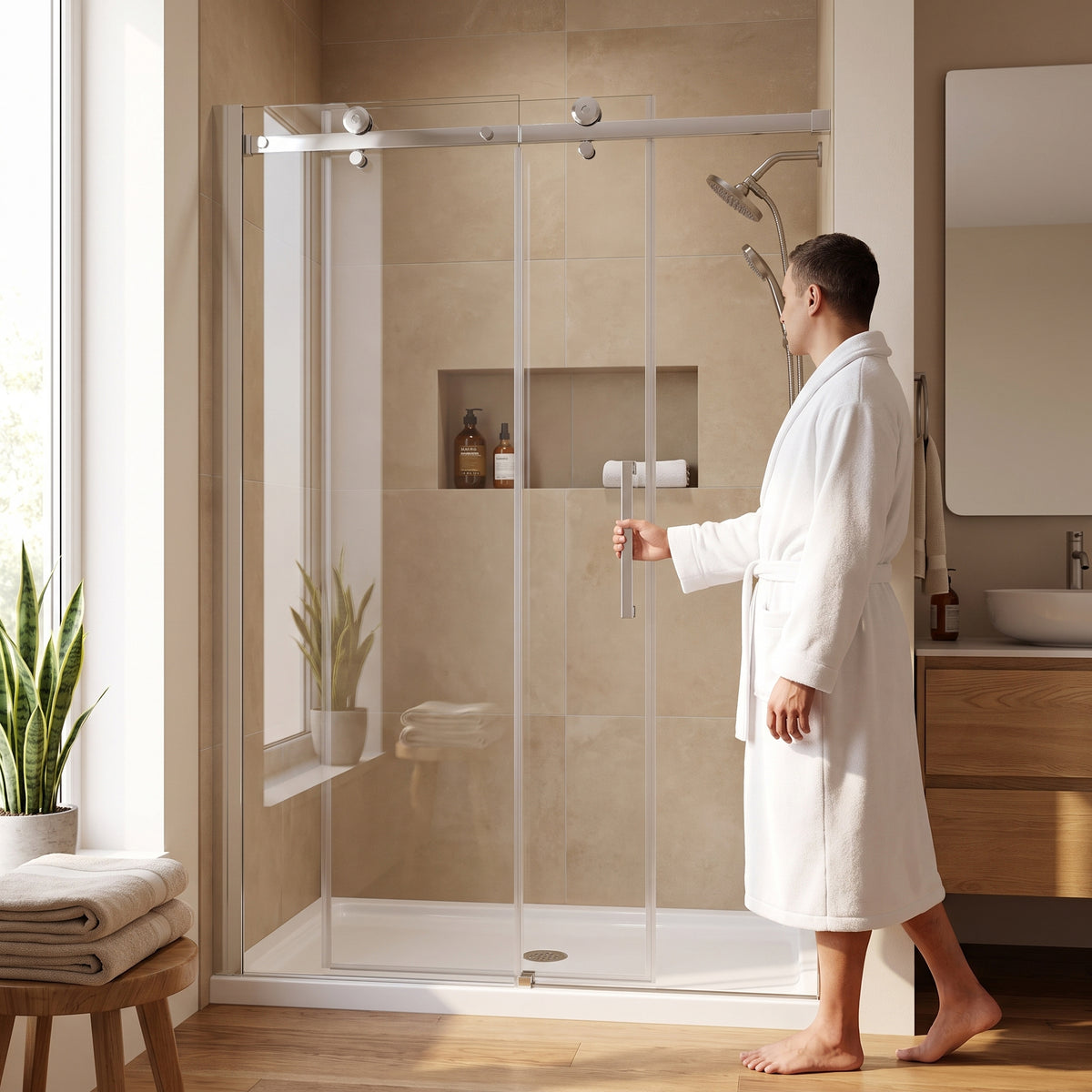 Porte de douche coulissante réversible pour alcôve 48po x 75po - Quincaillerie carrée chromée, verre trempé 10mm