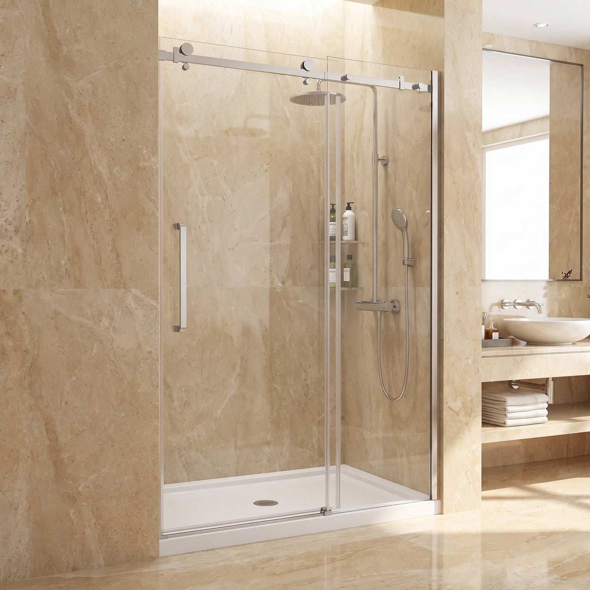 Porte de douche coulissante réversible pour alcôve 48po x 75po - Quincaillerie carrée chromée, verre trempé 10mm