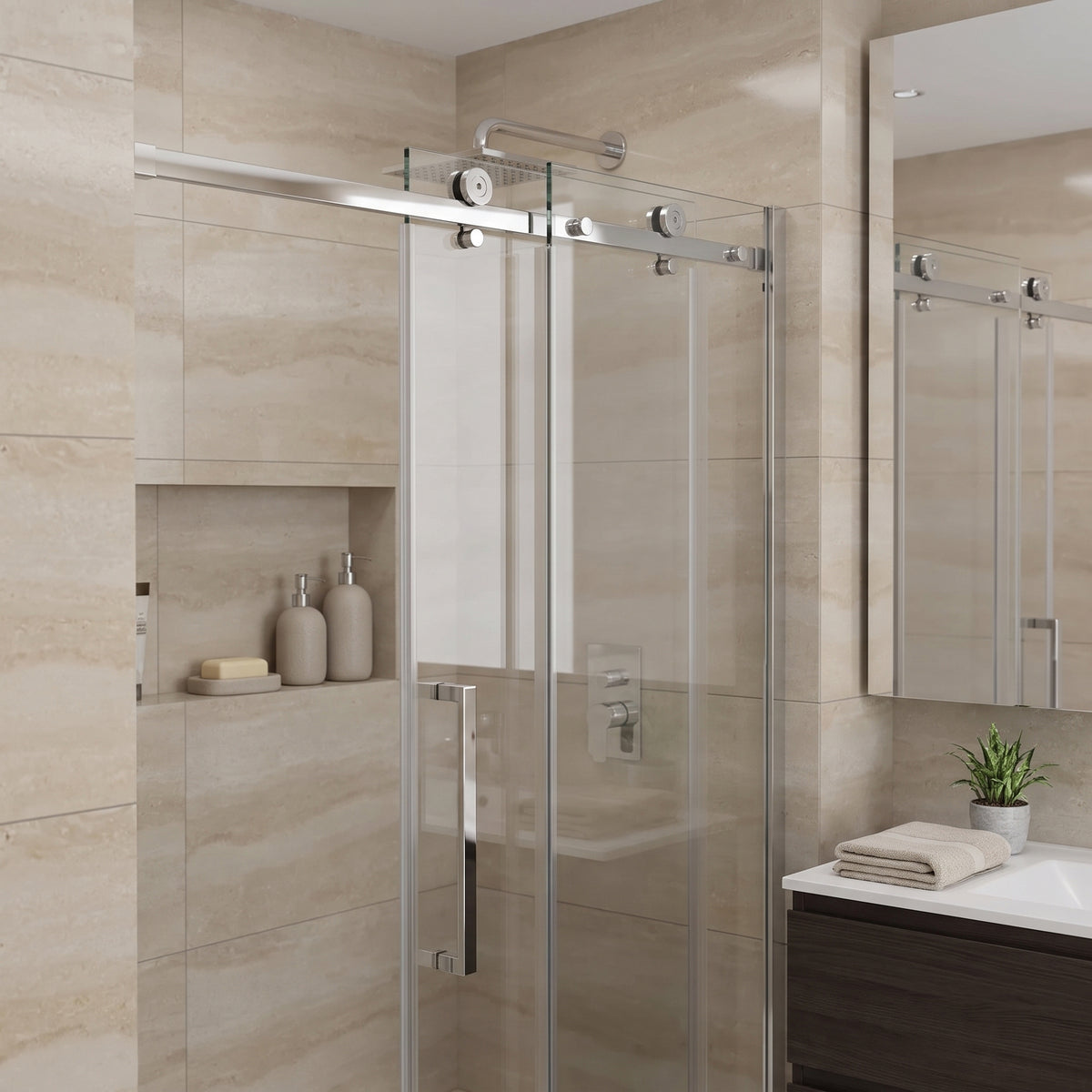 Porte de douche coulissante réversible pour alcôve 48po x 75po - Quincaillerie carrée chromée, verre trempé 10mm