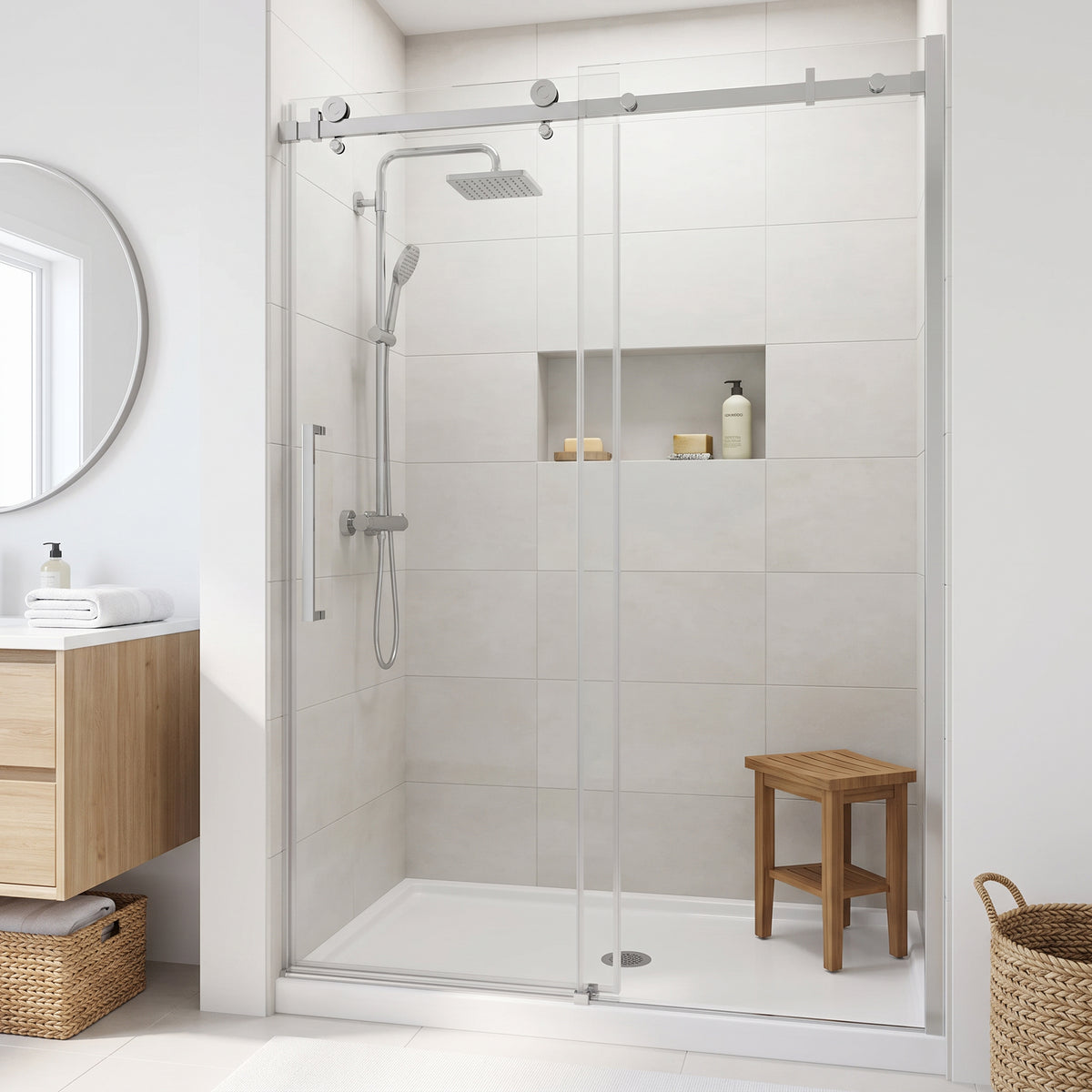 Porte de douche coulissante réversible pour alcôve 48po x 75po - Quincaillerie carrée chromée, verre trempé 10mm