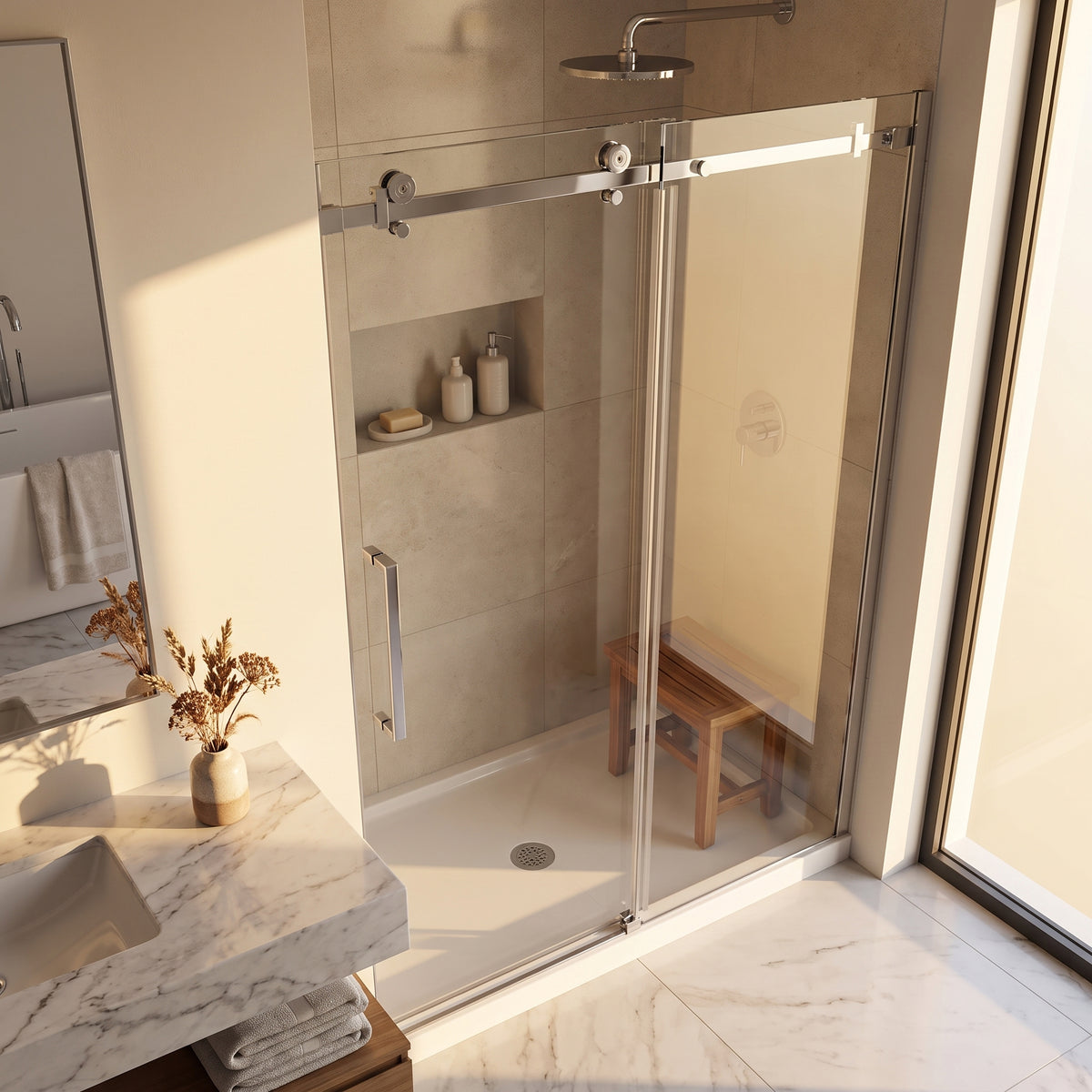 Porte de douche coulissante réversible pour alcôve 48po x 75po - Quincaillerie carrée chromée, verre trempé 10mm