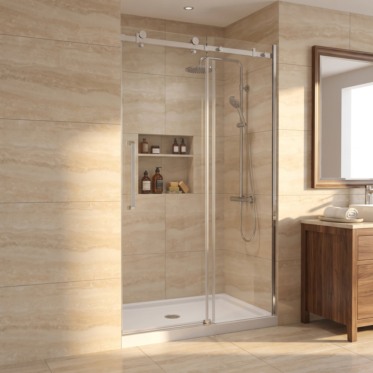 Porte de douche coulissante réversible pour alcôve 48po x 75po - Quincaillerie carrée chromée, verre trempé 10mm