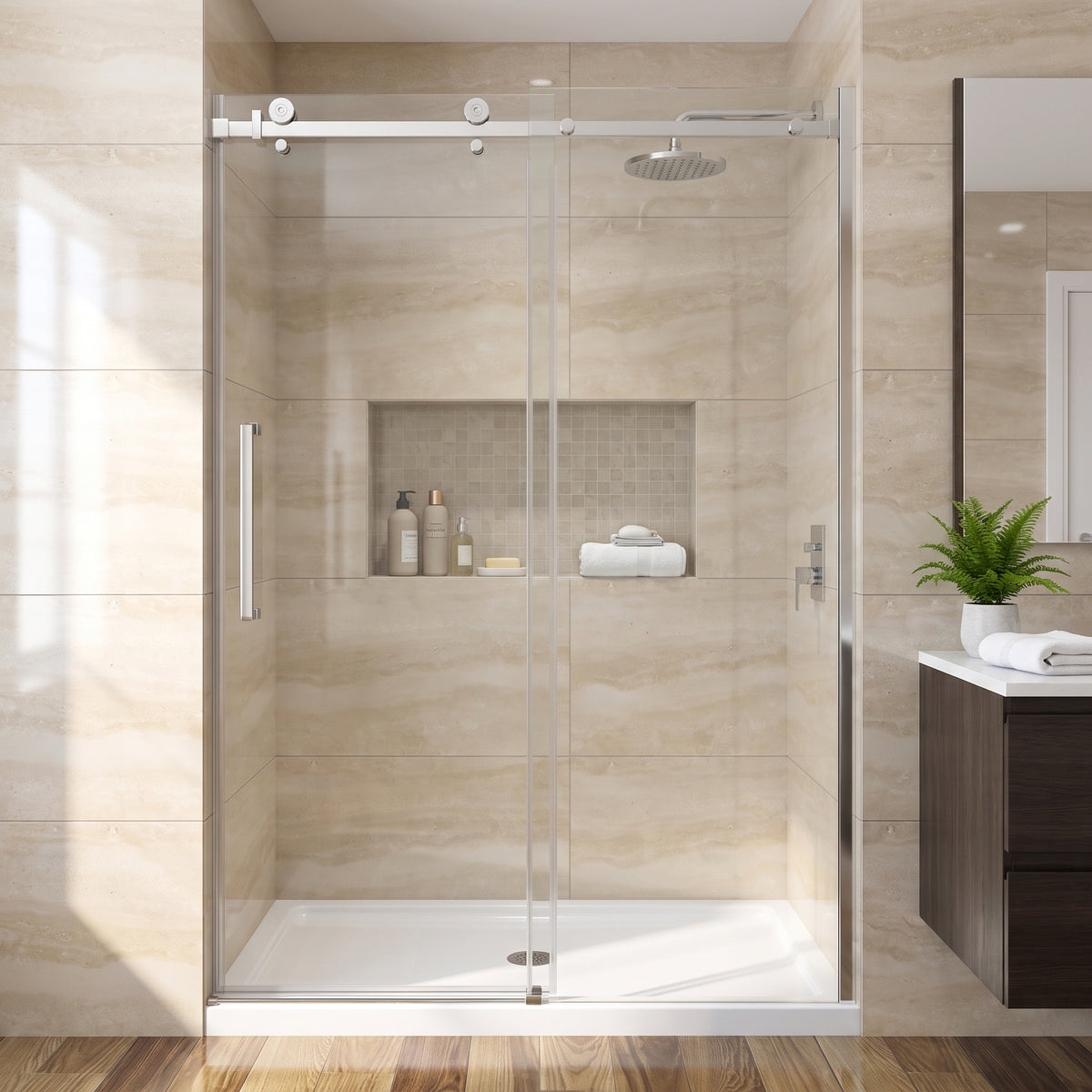 Porte de douche coulissante réversible pour alcôve 48po x 75po - Quincaillerie carrée chromée, verre trempé 10mm