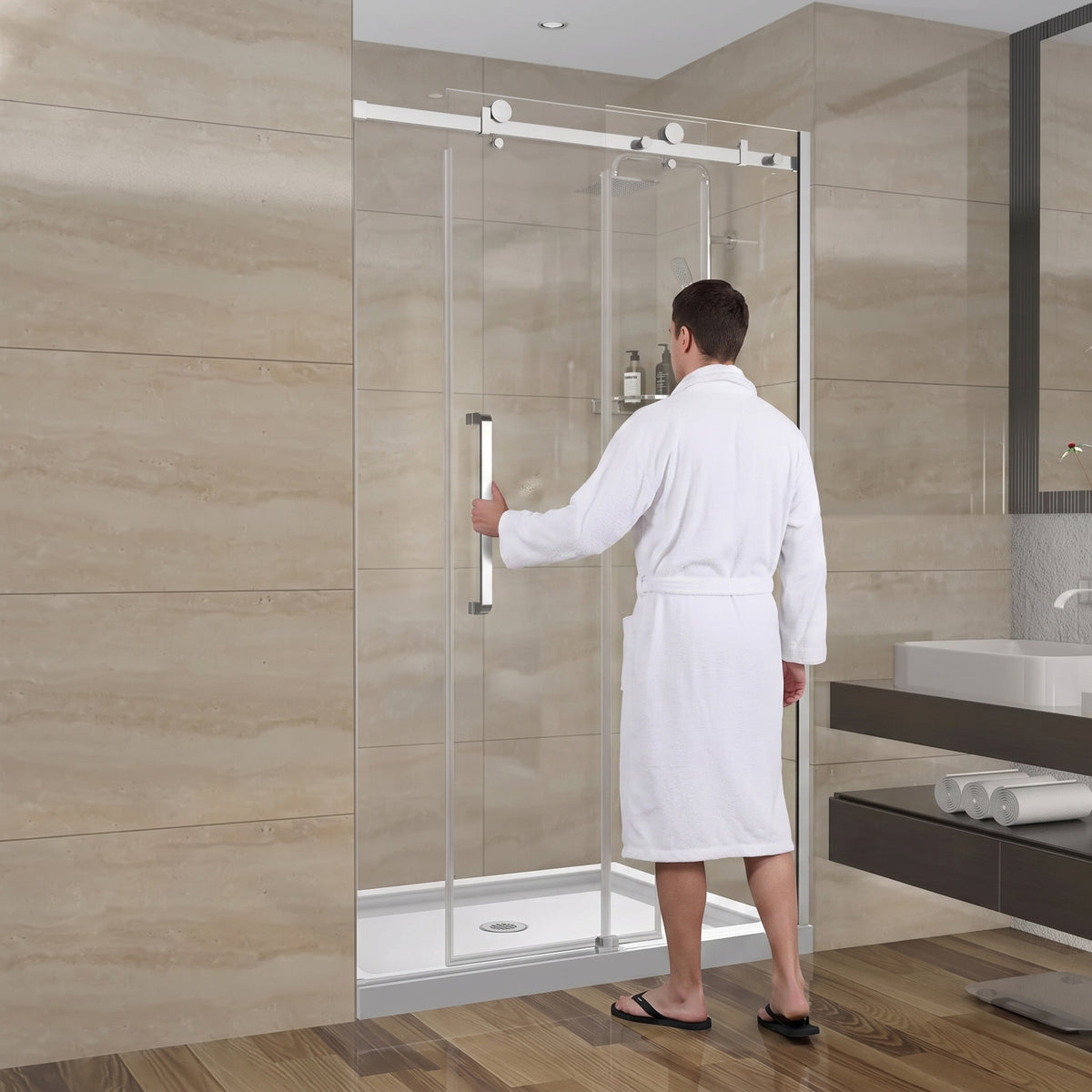Porte de douche coulissante réversible pour alcôve 48po x 75po - Quincaillerie carrée chromée, verre trempé 10mm