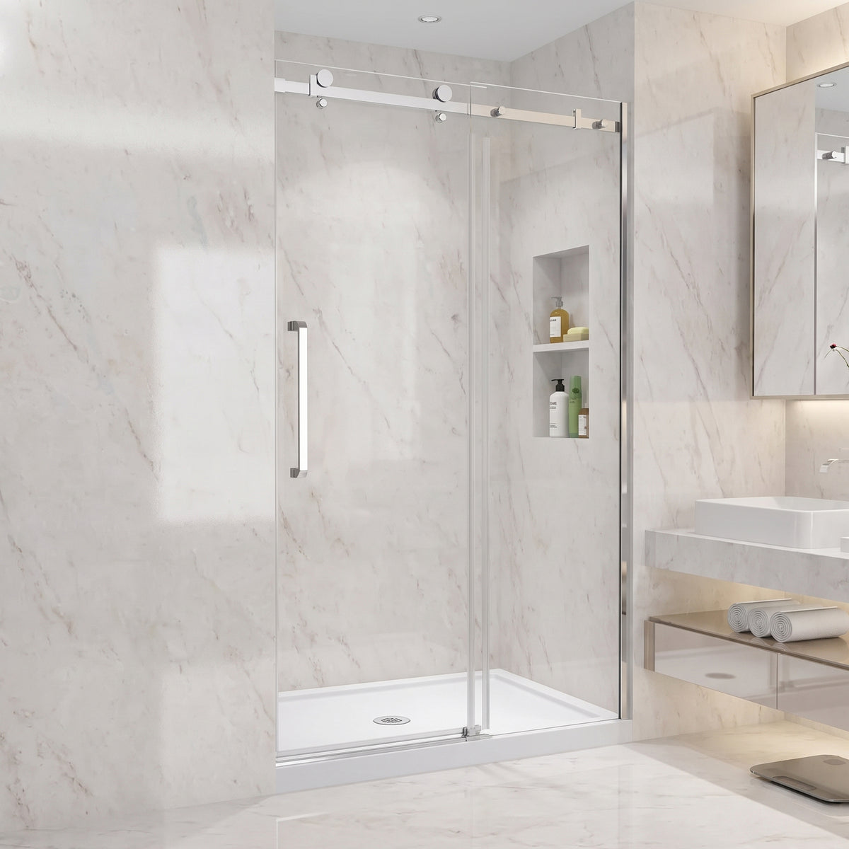 Porte de douche coulissante réversible pour alcôve 48po x 75po - Quincaillerie carrée chromée, verre trempé 10mm