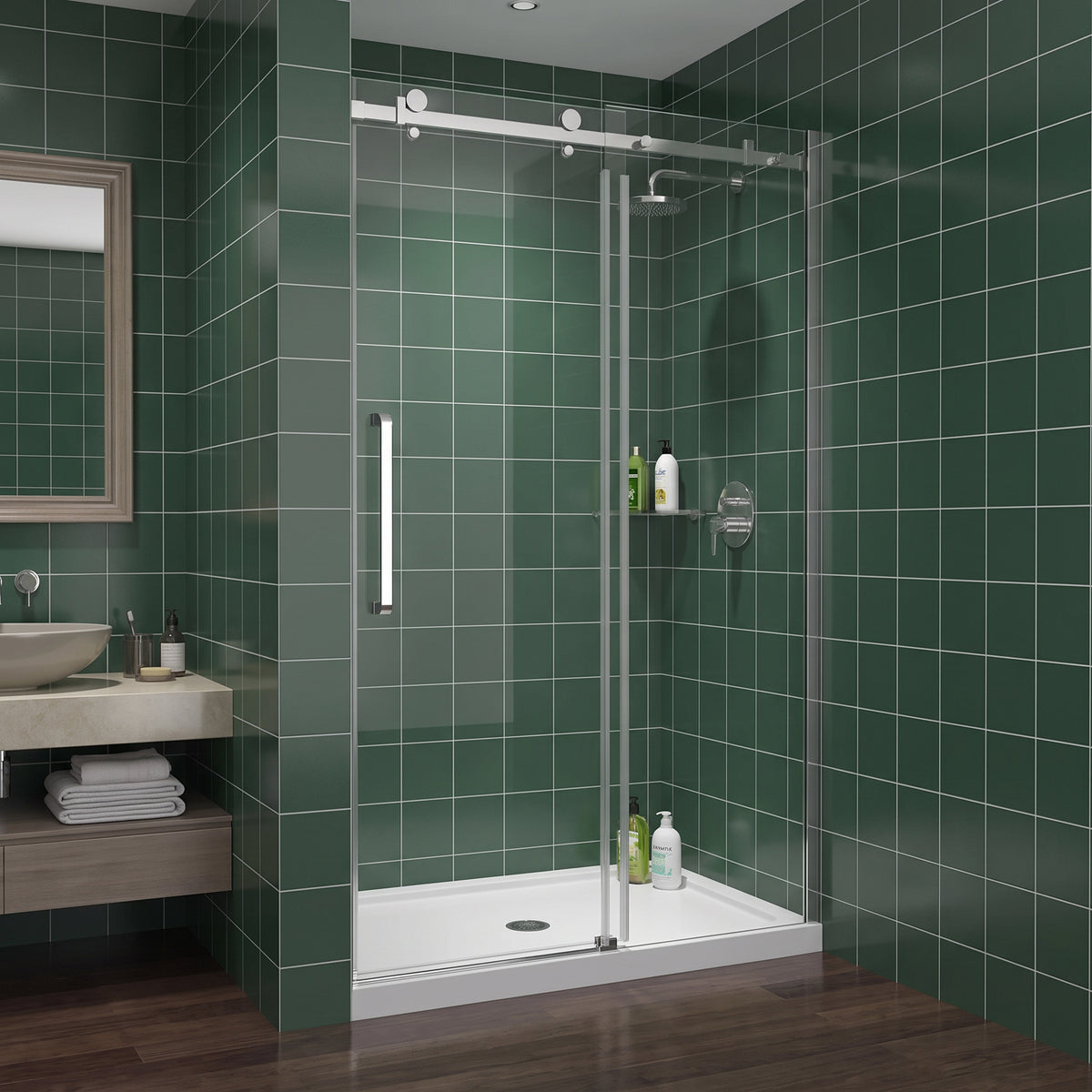 Porte de douche coulissante réversible pour alcôve 48po x 75po - Quincaillerie carrée chromée, verre trempé 10mm