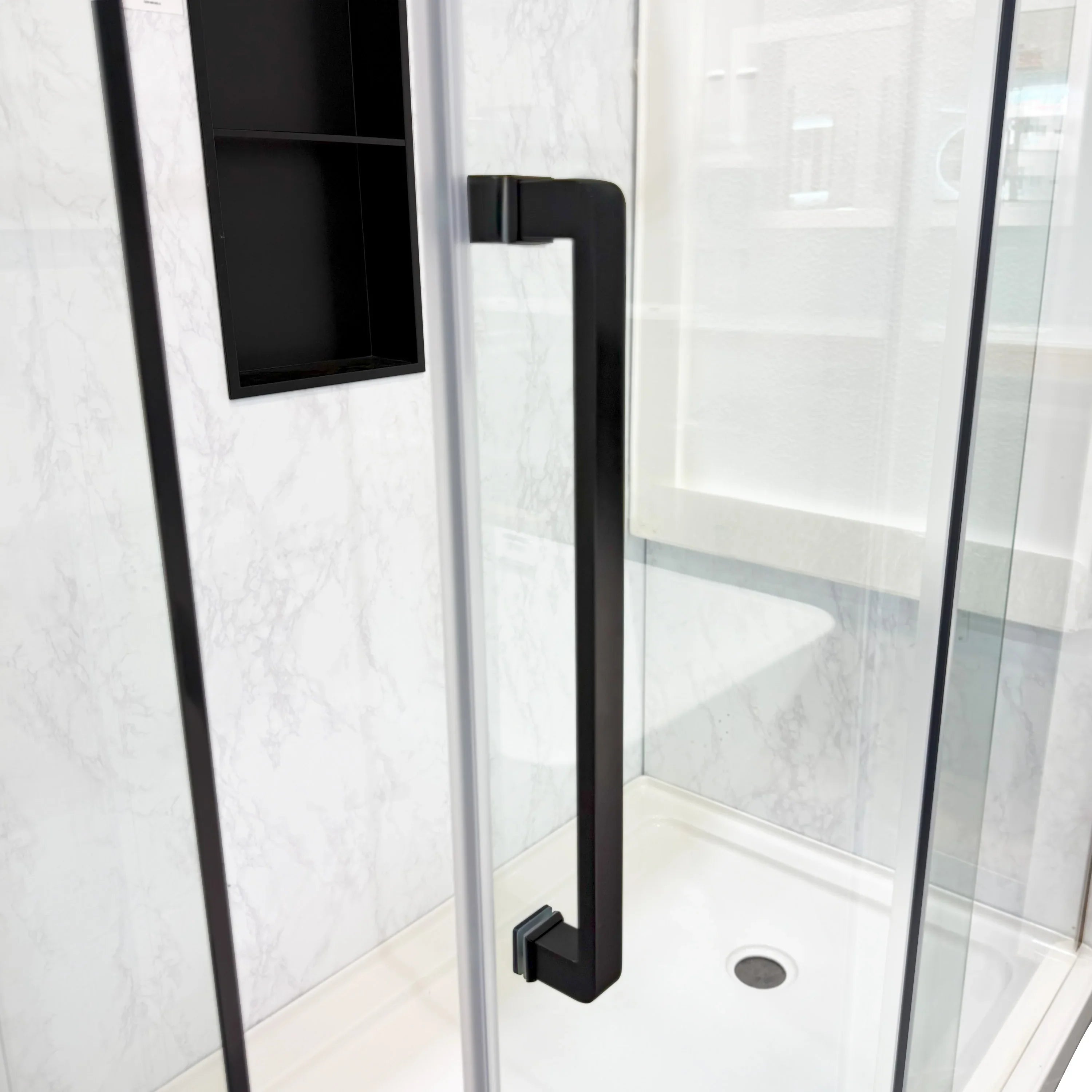 48" x 75" Reversible Sliding Shower Door with Black Square Hardware and 32" Side Panel
