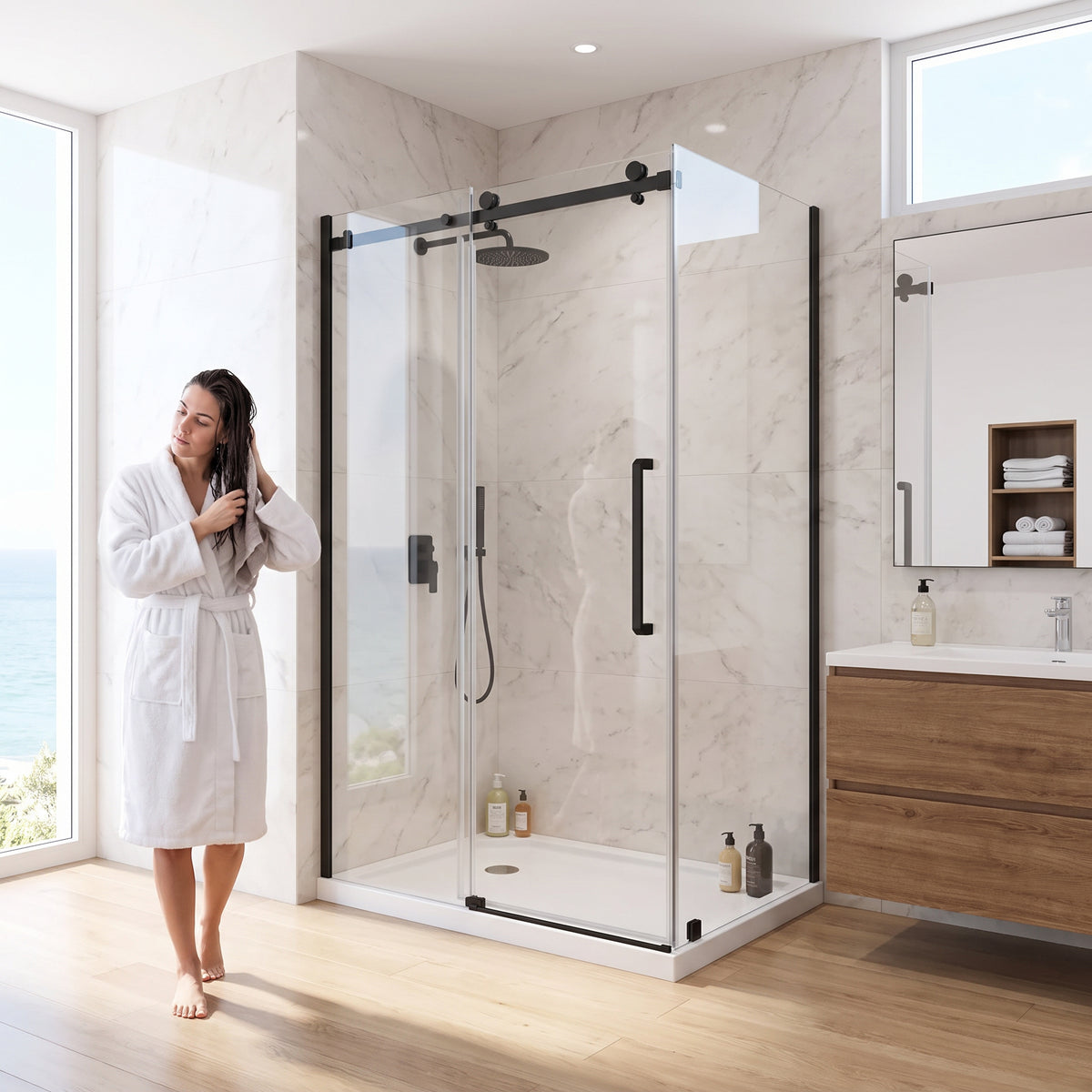48" x 32" x 75" Reversible Corner Sliding Shower Door in Matte Black with Square Hardware and 10mm Tempered Glass