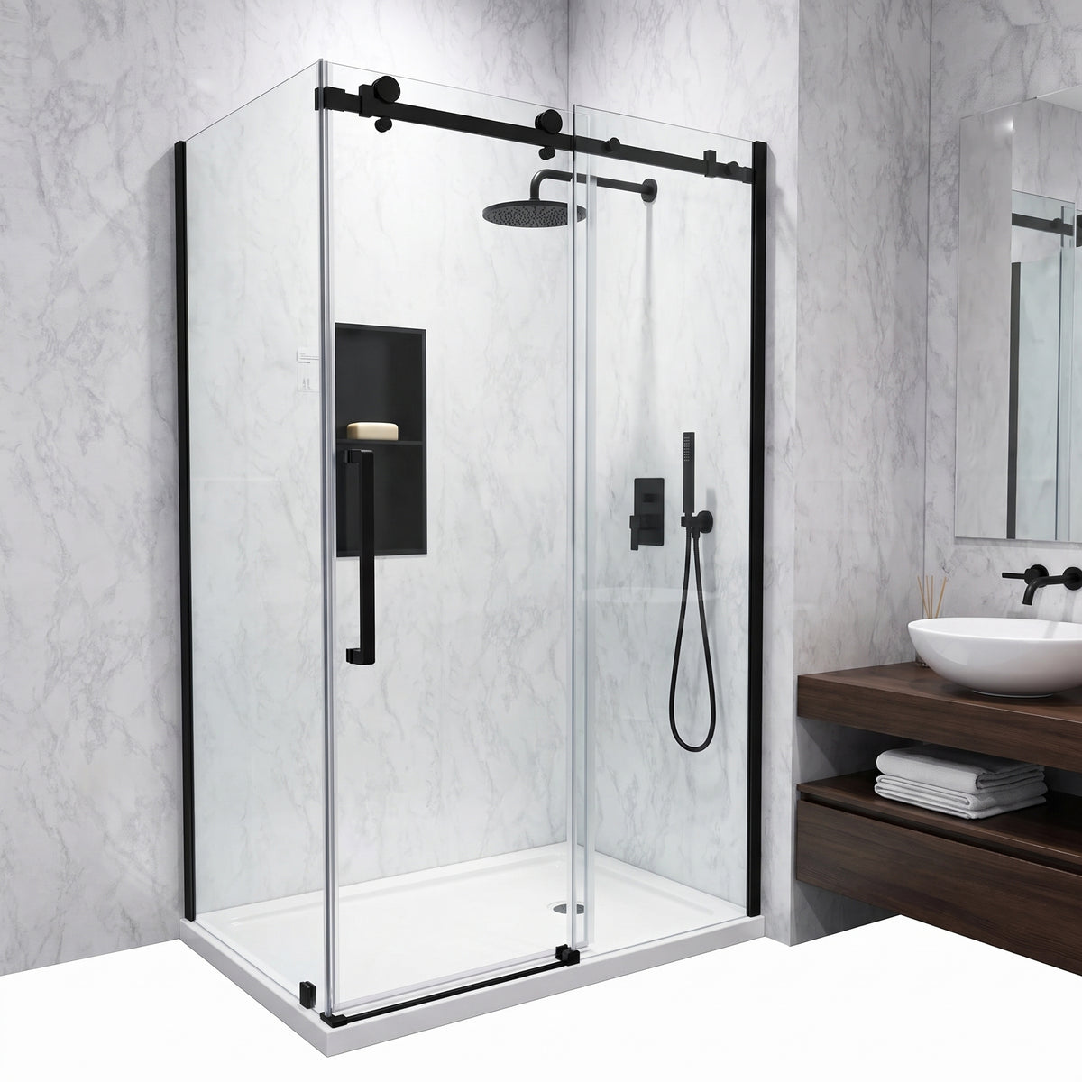 48" x 32" x 75" Reversible Corner Sliding Shower Door in Matte Black with Square Hardware and 10mm Tempered Glass