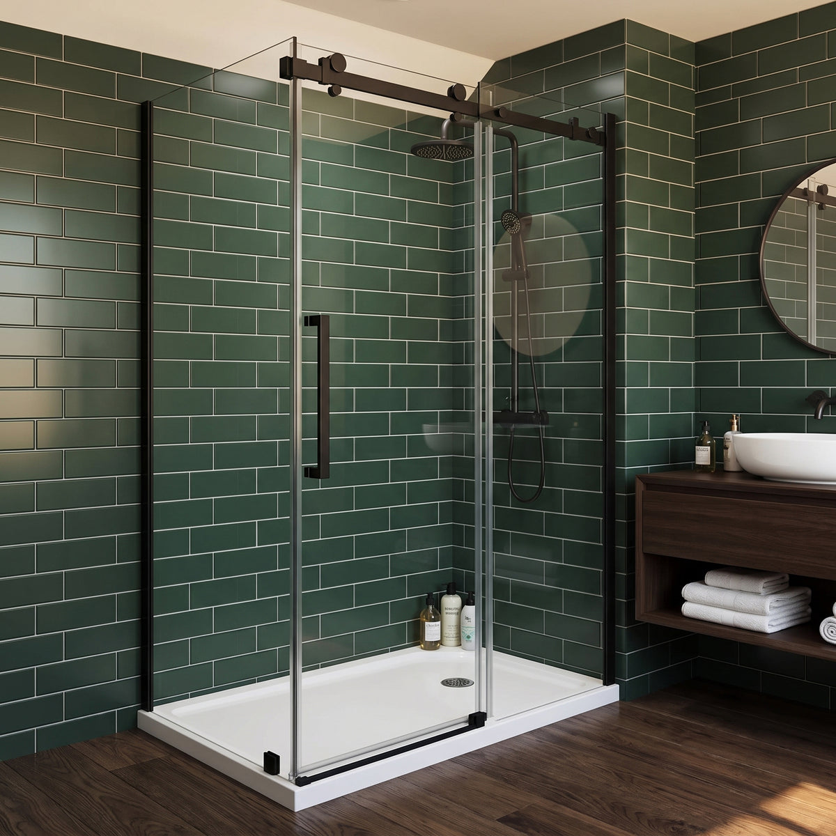 48" x 32" x 75" Reversible Corner Sliding Shower Door in Matte Black with Square Hardware and 10mm Tempered Glass