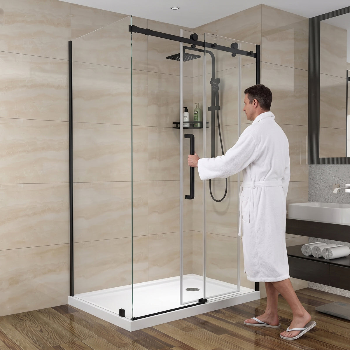 48" x 32" x 75" Reversible Corner Sliding Shower Door in Matte Black with Square Hardware and 10mm Tempered Glass